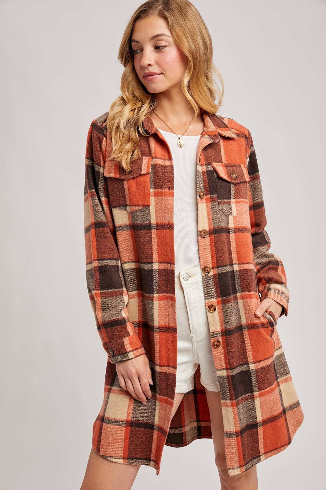 Bluivy – Engroshandel Skjortejakke/shacket – til kvinder – FLANNEL PLAID LANGLINE SHACKET35