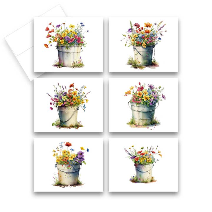 Cartões de Saudação com Balde Floral Sortido, Conjunto de 6, Cartões de Nota por atacado de Aria Rae