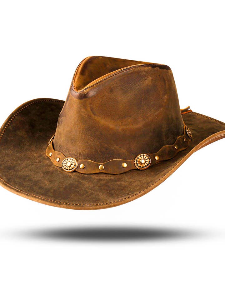 HADZAM Shapeable Brown Wide Brim Western Leather Cowboy Hat for wholesale by Texas Life Outfitters