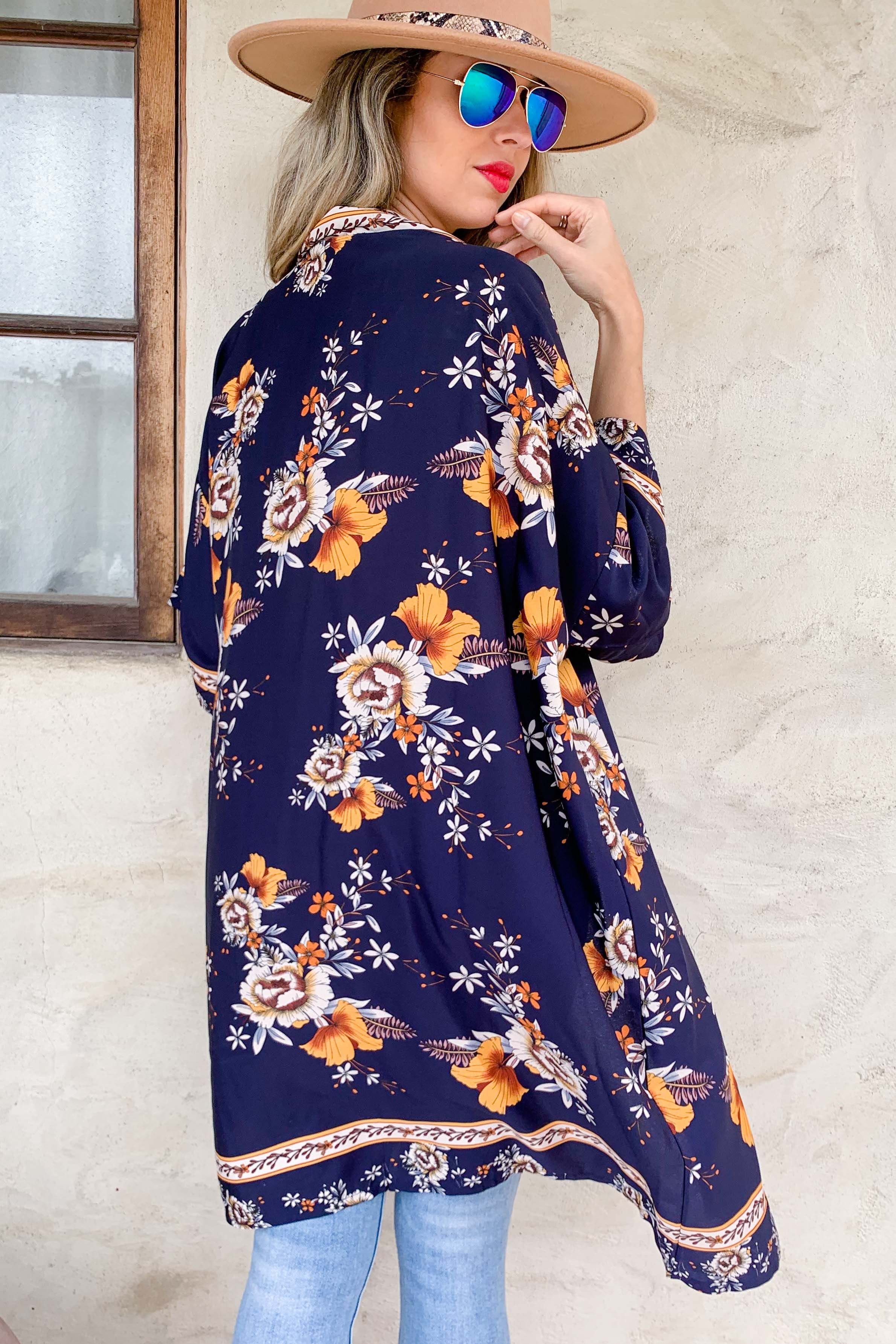 Navy Floral Border Printed Kimono Cover Up for wholesale on Faire6
