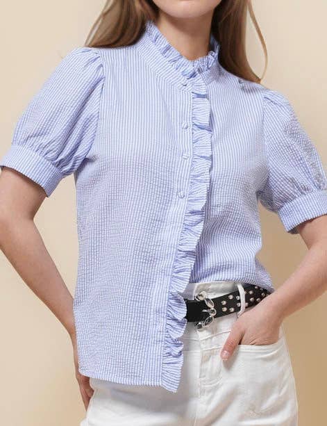 Sweetkama - Vendita all'ingrosso Camicia button down - Donna - Camicia a righe con maniche corte e collo arricciato da donna SKT510875