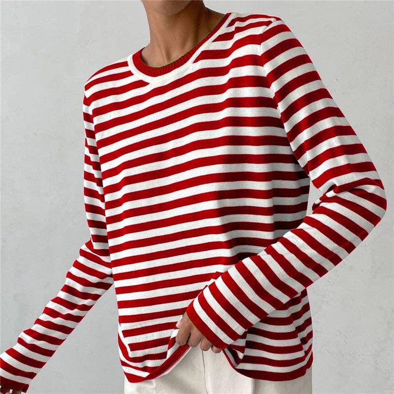 UZ Wholesale Store - Wholesale Knit Sweater - Women's - Striped Knit Sweater with Round Neck and Contrast Color4