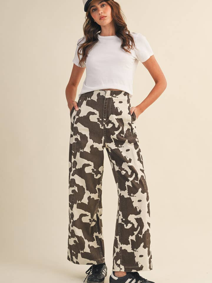 COW PRINT HIGH WAIST WIDE LEG PANTS MP4105 for wholesale on Faire9
