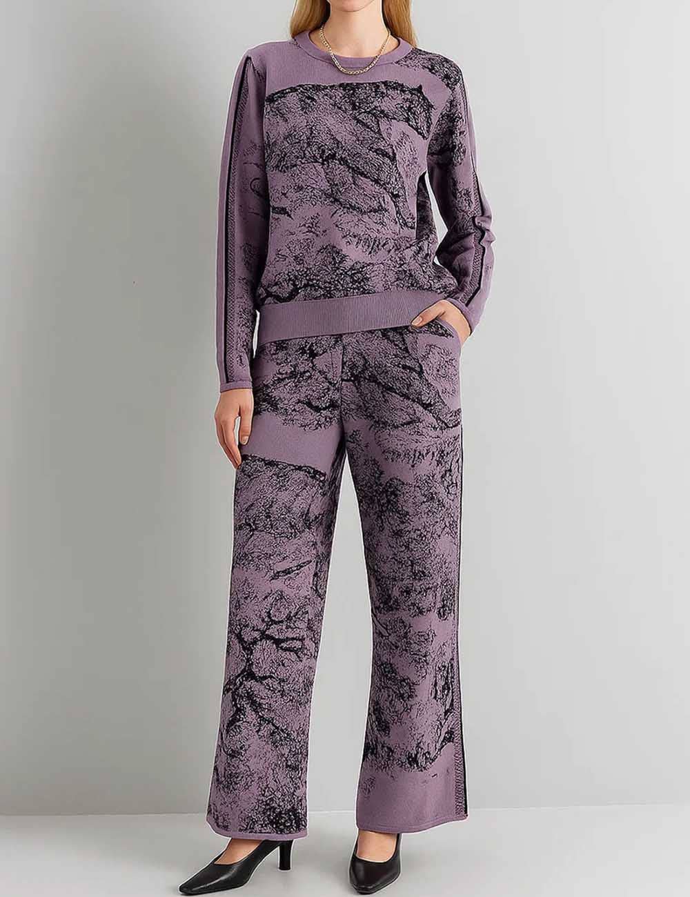 Sweetkama - Wholesale Lounge Set - Women's - Ladies Color Block Tiger Pattern Knit Sweater & Pants 2PCS Set19