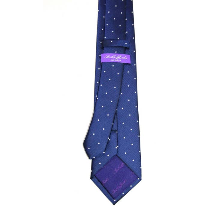 AusCufflinks - Wholesale Necktie - Men's - White Polka Dot Navy Skinny Tie