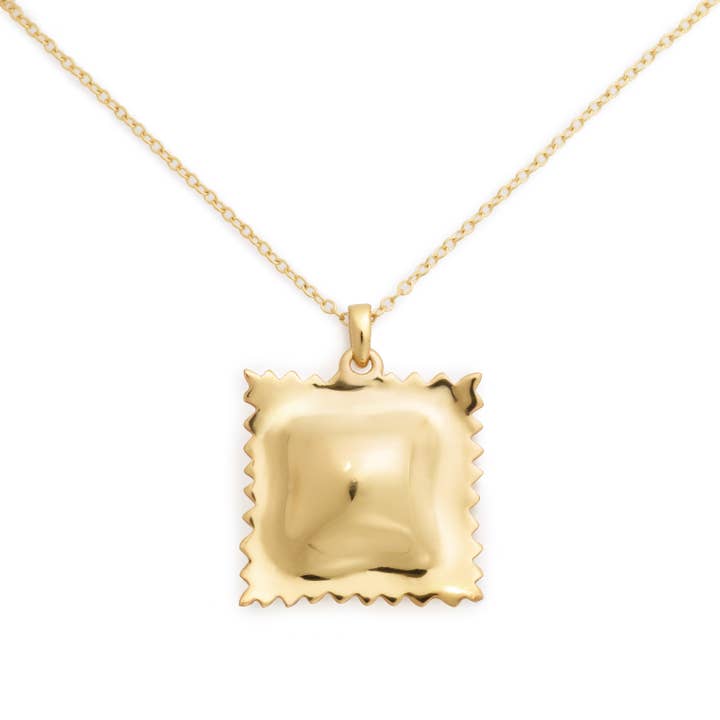 Delicacies Jewelry - Wholesale Pendant/Charm Necklace - Ravioli Pasta Necklace, Yellow Gold Plated, By Delicacies Jewelry - Every Purchase Fights Hunger! (Foodie Gift, Pasta Jewelry)