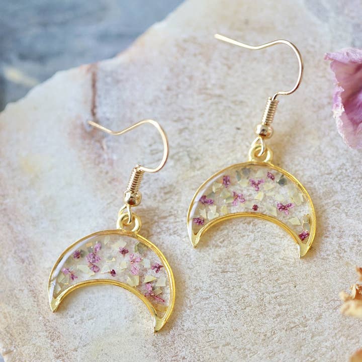 Real Pressed Flowers Earrings, Gold Moon Drops in Pink with Glass Glitter for wholesale by Ann + Joy