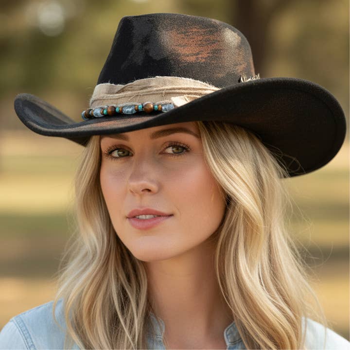 Hana - Wholesale Cowboy Hat – Women’s - Distressed Fabric Band Rustic Cowgirl Fedora Hat