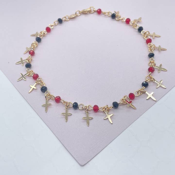 18k GF Red and Black Bead Charm Anklet Bracelet for wholesale by Milie