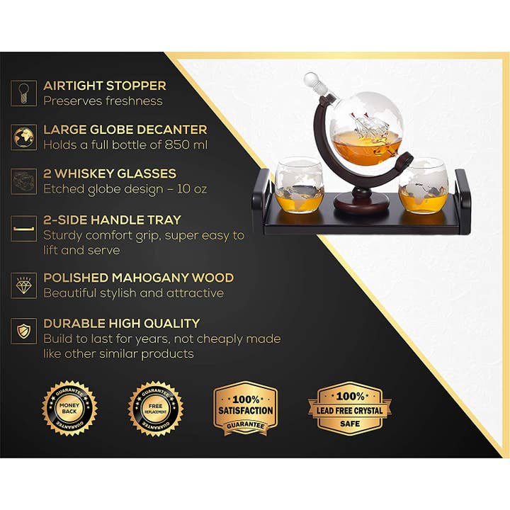 Bezrat – Engroshandel Karaffel – Ætset Globe Whisky Karaffel+ 2 Whisky Briller på Rich