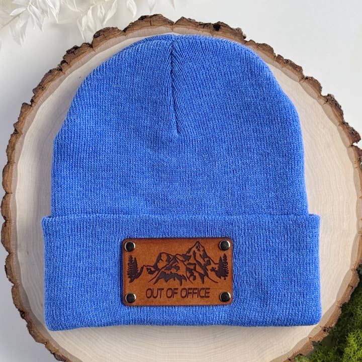 Out of Office Outdoors beanie with snap on/off leather patch for wholesale by The Lonely Pine