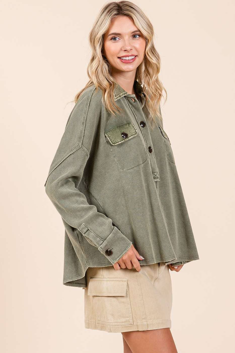 mittoshop - Vente Chemise à col boutonné – femme - HAUT HENLEY À COL GAUFRÉ DÉLAVÉ MINÉRAL14