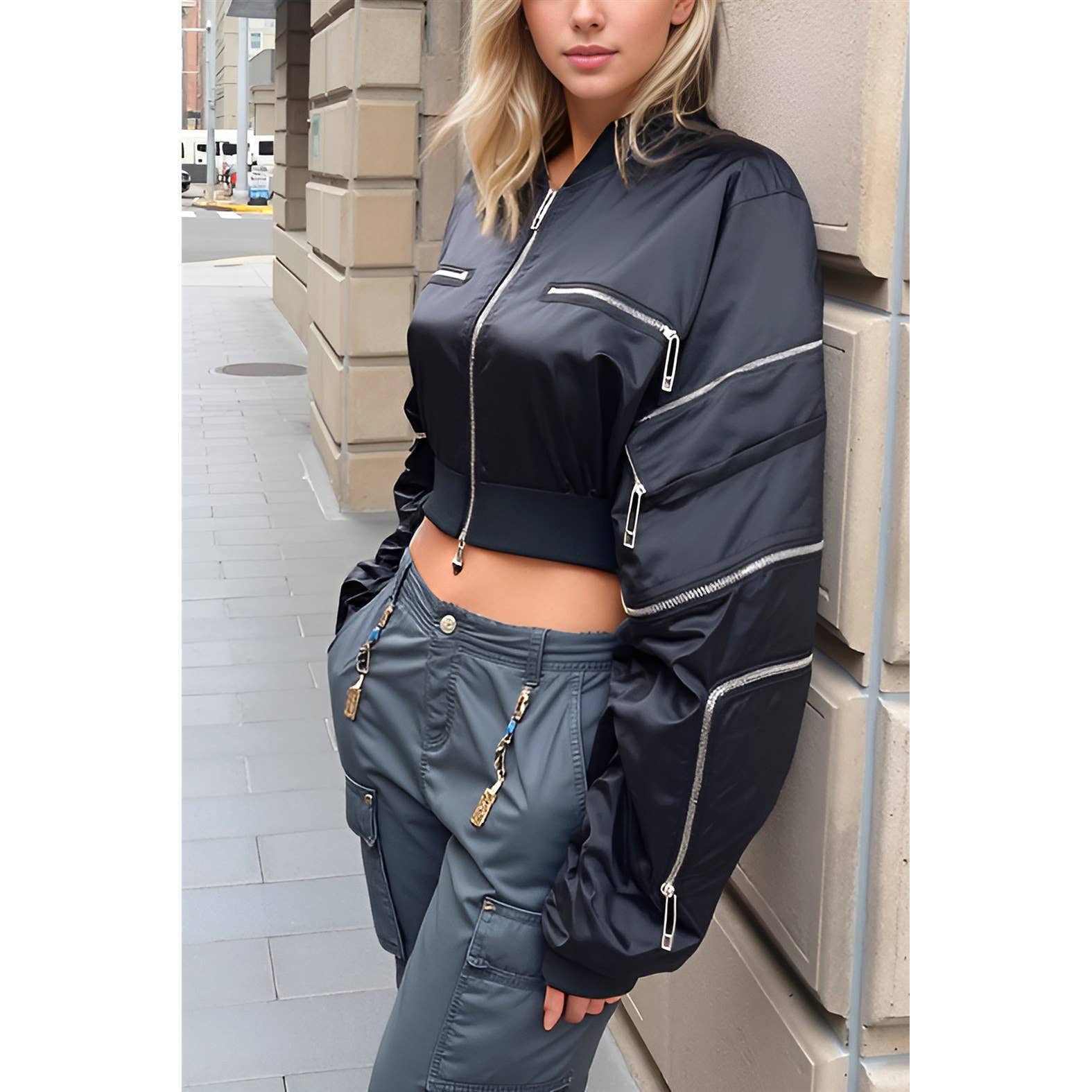 XHHH Inc - Wholesale Jacket - Women's - X0039LT Ruched Sleeve Cropped Bomber Jacket5