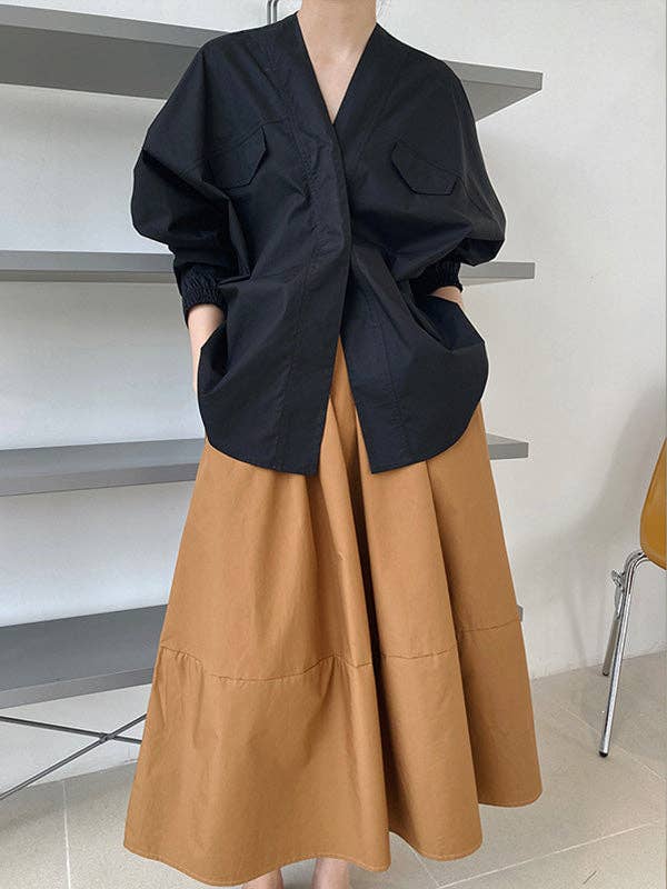 UZ Wholesale Store - Wholesale Button Down Shirt - Women's - Trendy Batwing Sleeves Solid Color V-Neck Blouses2