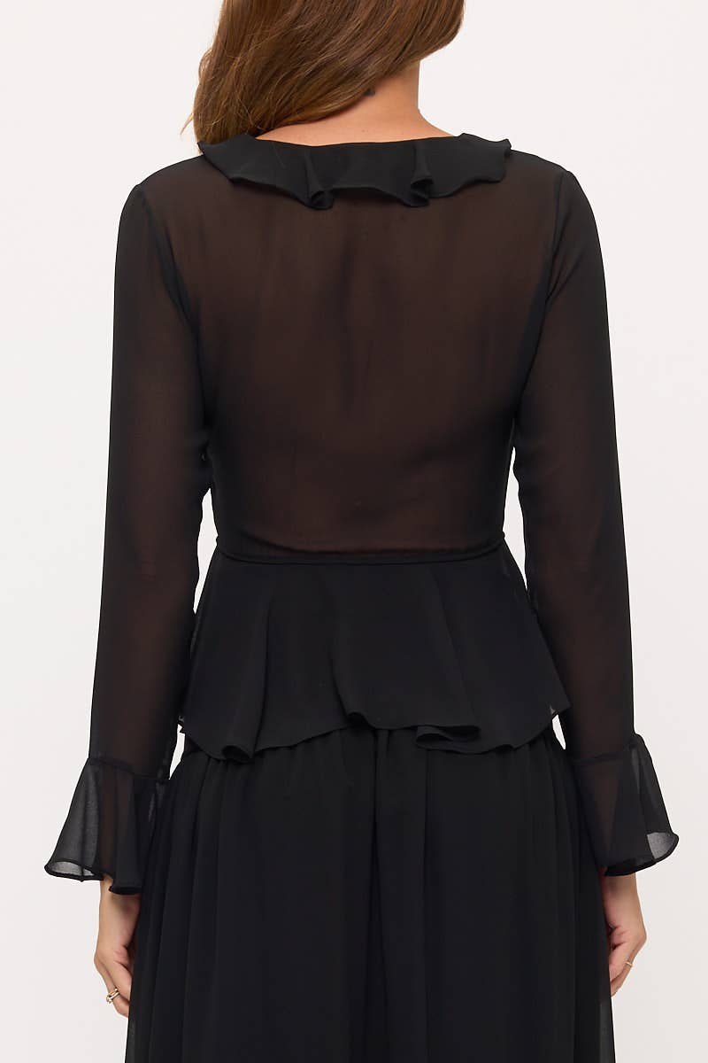 Black Made in USA Long Sleeve Sheer Ruffle Blouse for wholesale on Faire2