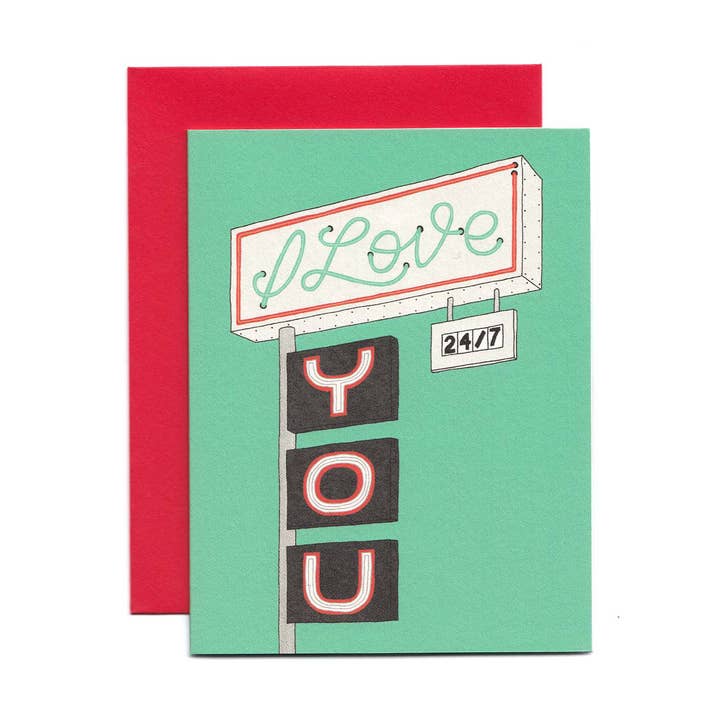 “I Love You 24/7” Retro Neon Sign Card for wholesale by Nowhere In Paradise