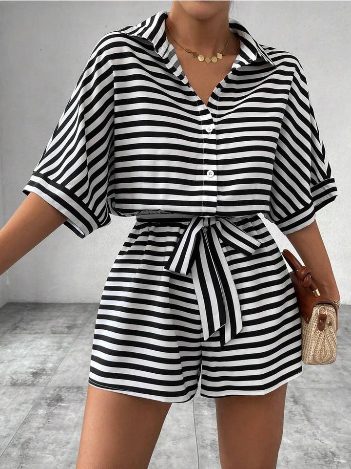 Wholesalesir - Wholesale Romper - Women's - Striped Lapel Button Waistband Shorts Jumpsuit