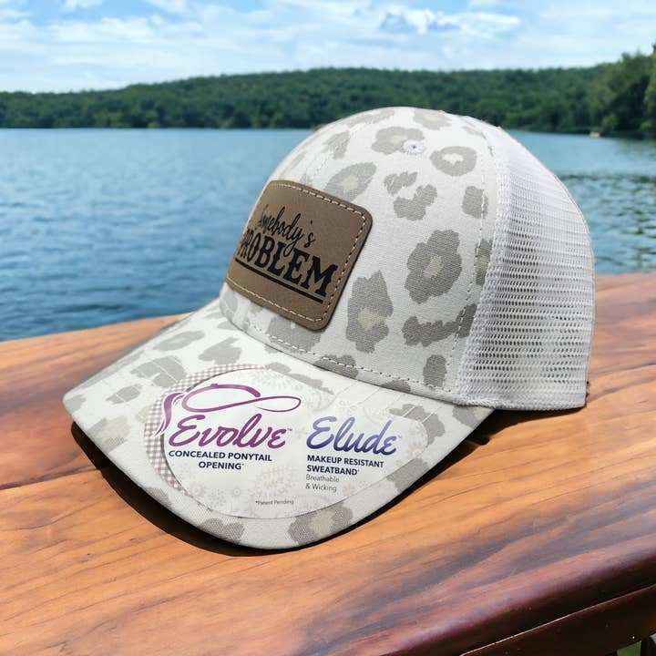 For Heavener's Sake - Wholesale Baseball Cap - Women's - Somebody's Problem White & Gray Leopard Print Trucker Hat