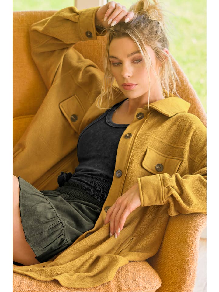 La Miel - Wholesale Shirt Jacket/Shacket - Women's - JKT1712-Loose Fit Button Down Long Sleeve Fleece Shacket
