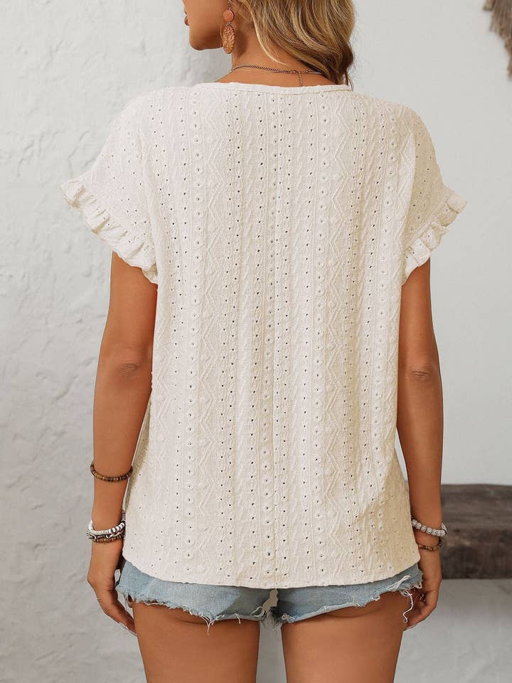 Lovesoft - Wholesale Blouse - Women's - Solid Color Crewneck Sweet Short-Sleeve Hollow-Out Top