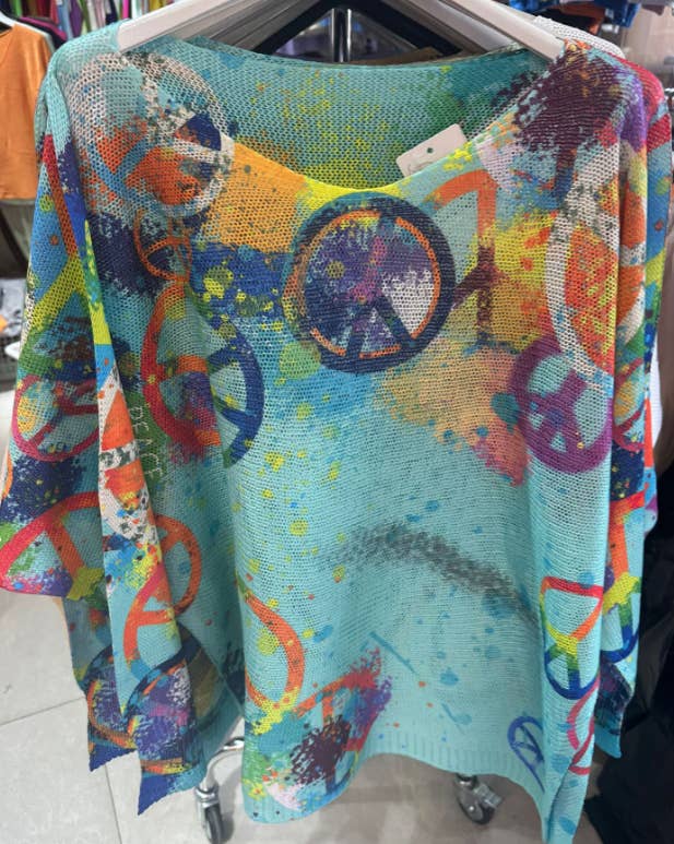 LOOWIE - Wholesale Knit Sweater - Women's - 19TU Turquoise Peace & Love Knit Printed Sweater LOOWIE