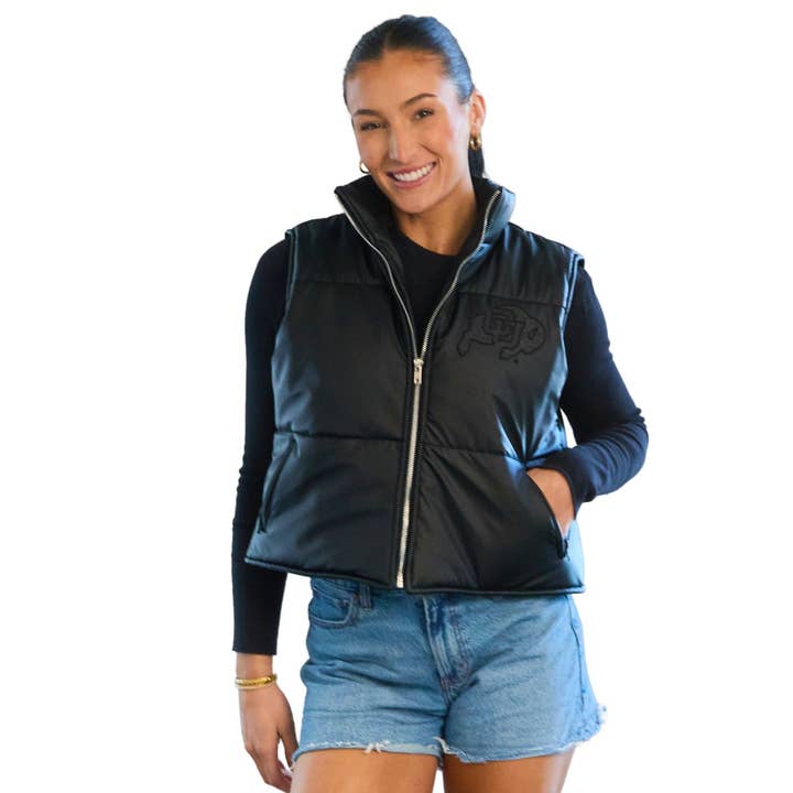 Colorado Boulder Vegan Leather Puffer Vest for wholesale by Lojo Collegiate Apparel
