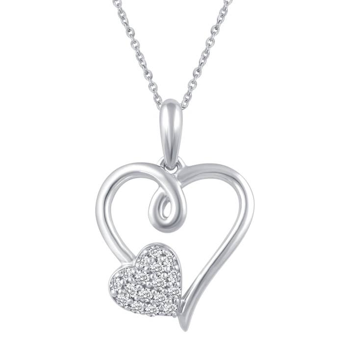 Duo Love Heart Pave Swirl Necklace Pendant in 925 Sterling S for wholesale by Prime and Pure