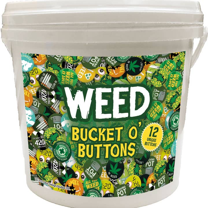 Great Stuff Novelties (GSN) by NMR Brands - Wholesale Lapel Pin/Button - 144 Unit Bucket o' Buttons - Weed
