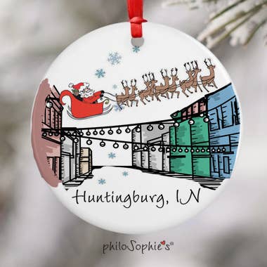 philoSophie's Stationery & Gifts - Vente Objets de décoration - Père Noël dans un traîneau au-dessus de la ville, décoration de Noël, scène de ville1