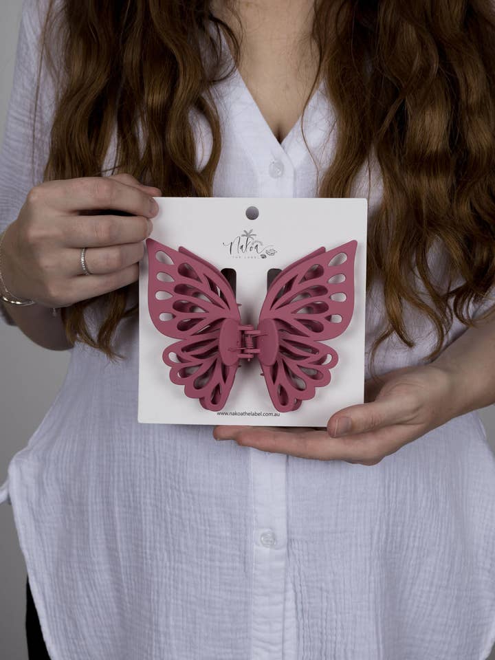 Claw Clip -- Jumbo Double Butterfly - Pink for wholesale by Nakoa The Label