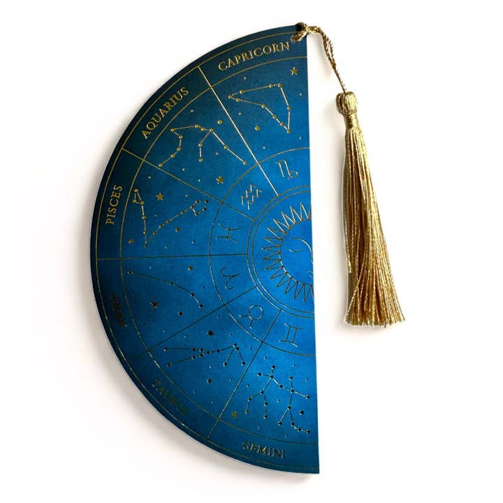 ZODIAC WHEEL DOUBLE-SIDED BOOKMARK, BLUE & GOLD for wholesale by CLEOMAGICK