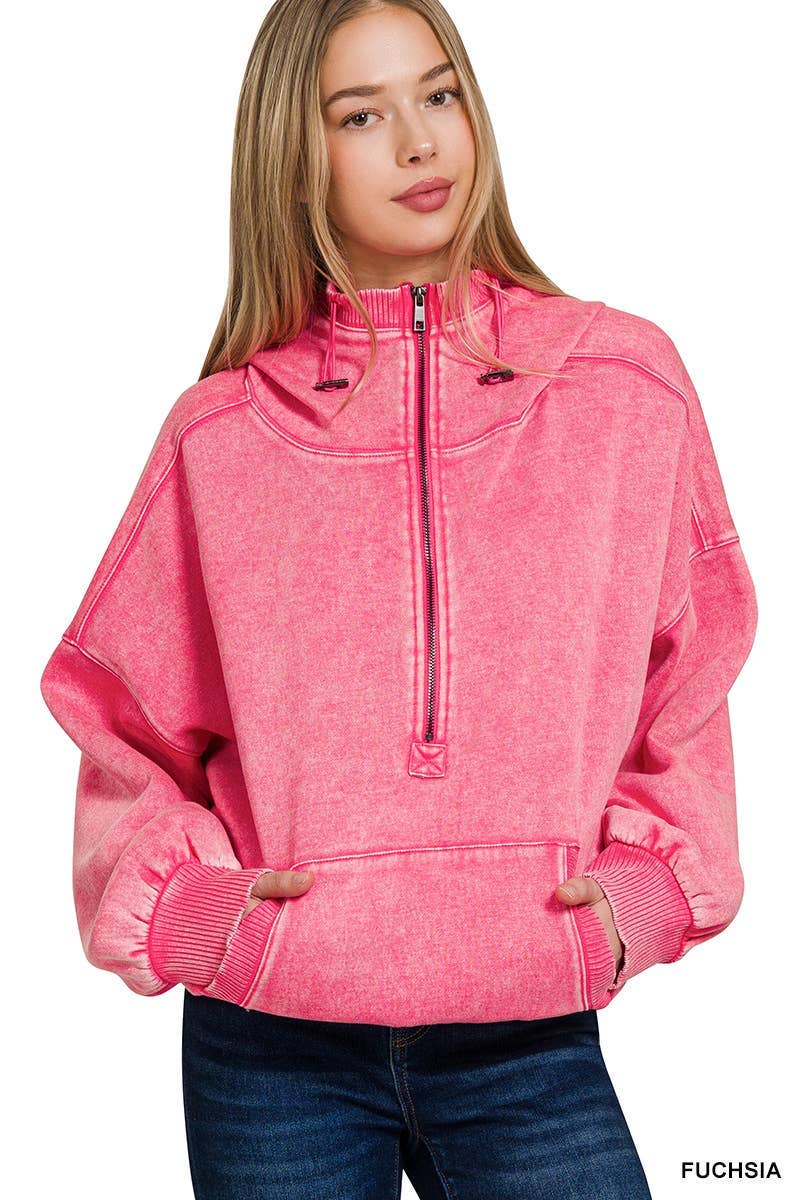 Vanilla Monkey - Wholesale Hoodie - Women's - Washed Drawstring Hem Half Zip Kangaroo Hoodie5