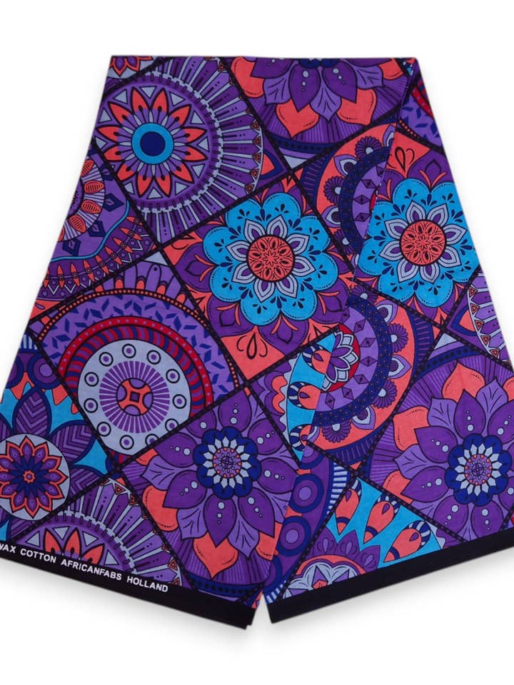 6 Yards - African print fabric - Purple & Light Blue Mandala Patchwork - 100% cotton for wholesale by AfricanFabs
