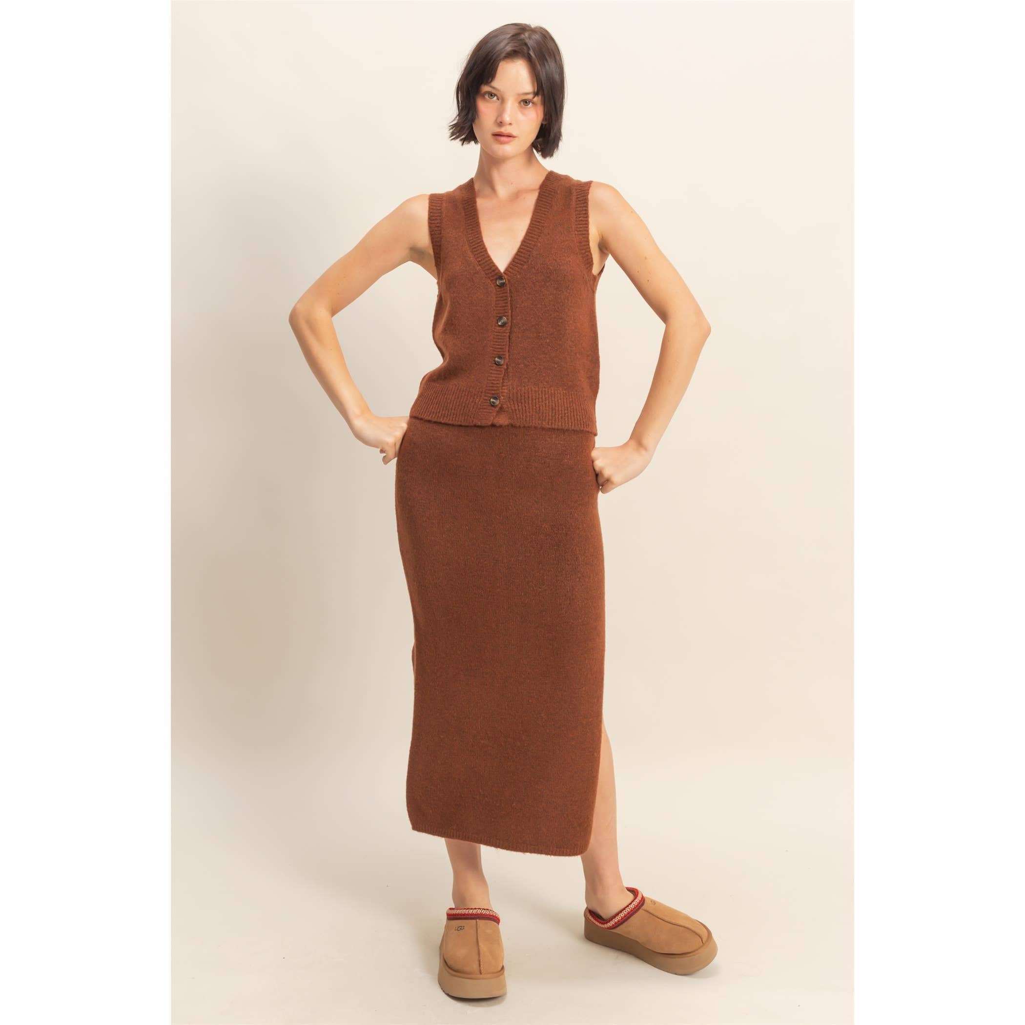 Double Zero - Wholesale Top & Skirt Set - Women's - Button Front Vest & Midi Skirt Knit Set0