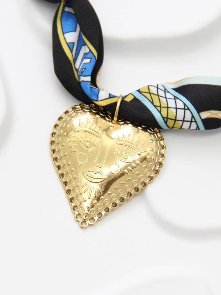 Ethnic Golden Heart Pendant Scarf Necklace Stainless Steel for wholesale by BELLISSIMA BIJOUX