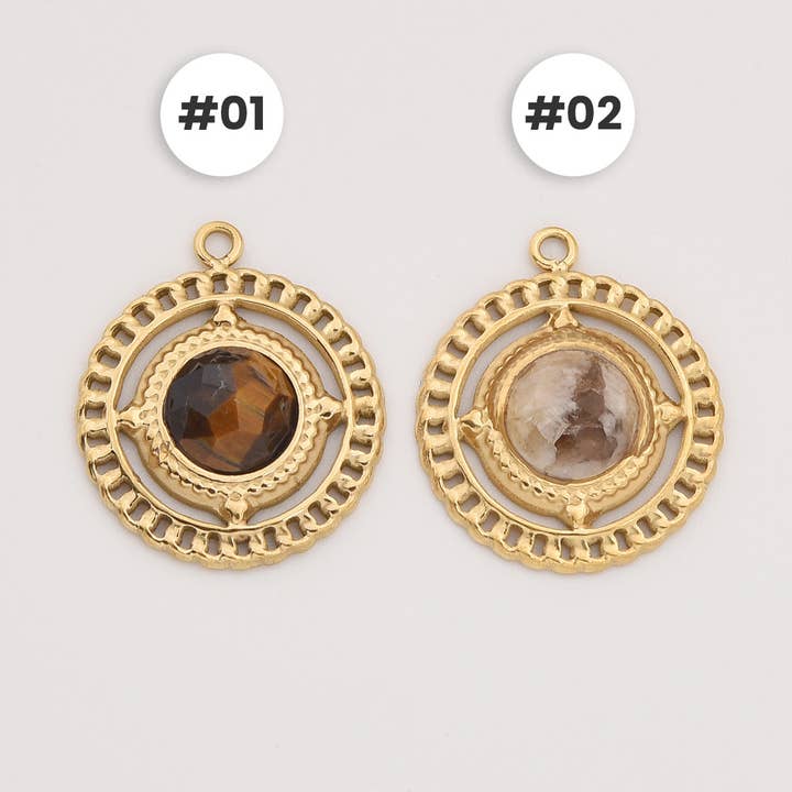 Gold Filled Circle Charm, Tiger Eye Stainless Steel, SCP107 for wholesale by Beads Creation