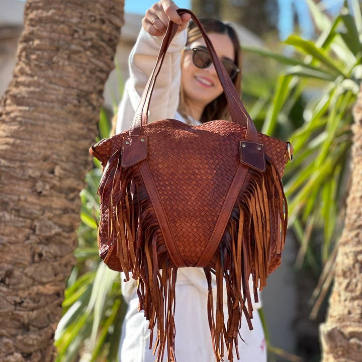 Berberwoolrug - Wholesale Schoudertas - Dames - Leren tas met geweven franjes, handgemaakte westerse gevlochten portemonnee0