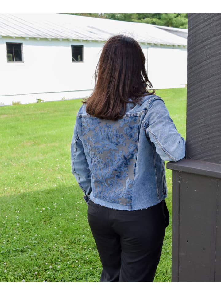 Stevie Denim Jacket - Denim w Blue Velvet Coral for wholesale on Faire