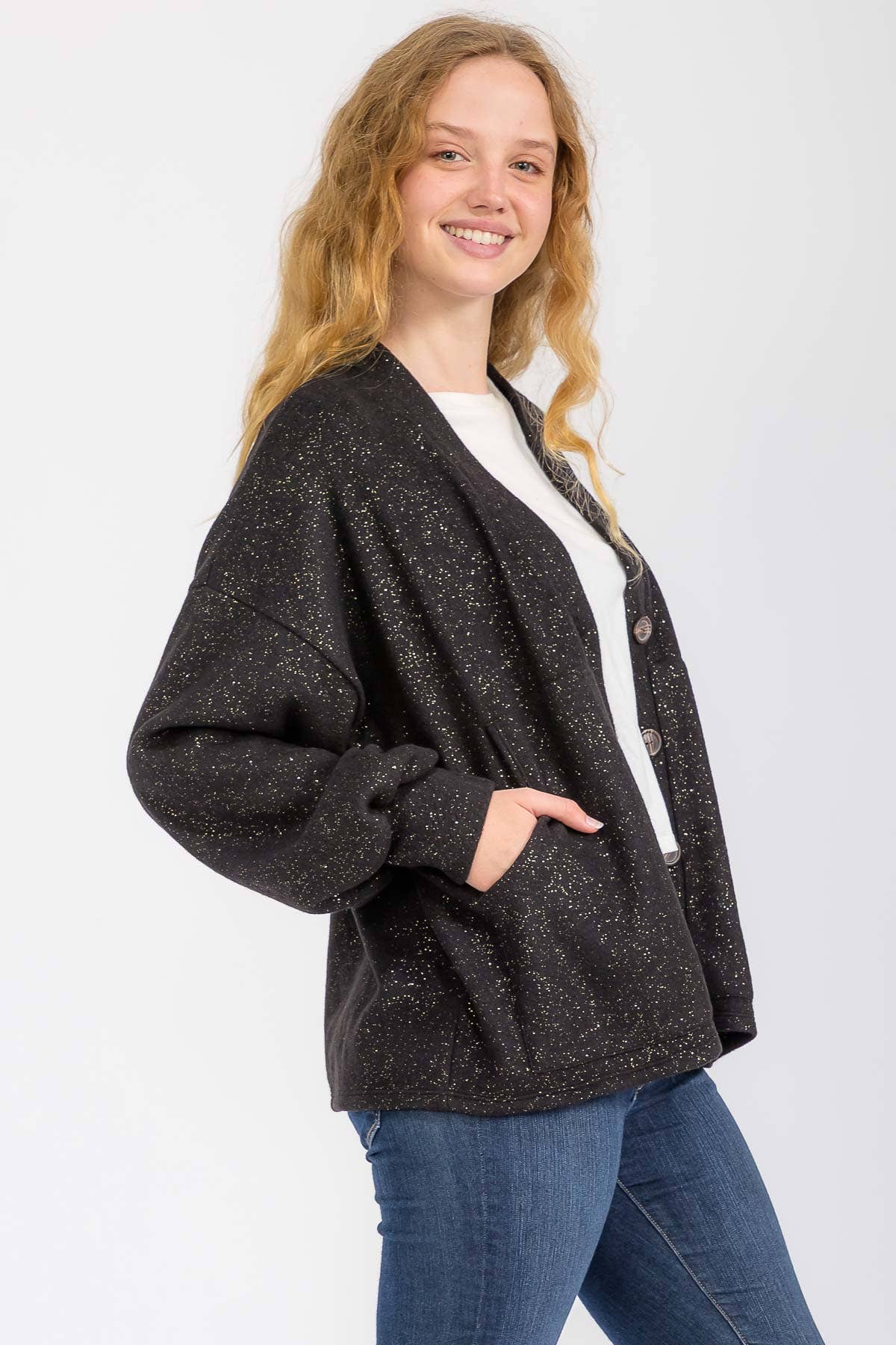 7th Ray – wholesale Cardigan – Women’s – Gold Glitter Detail Button Down Cardigan T60405