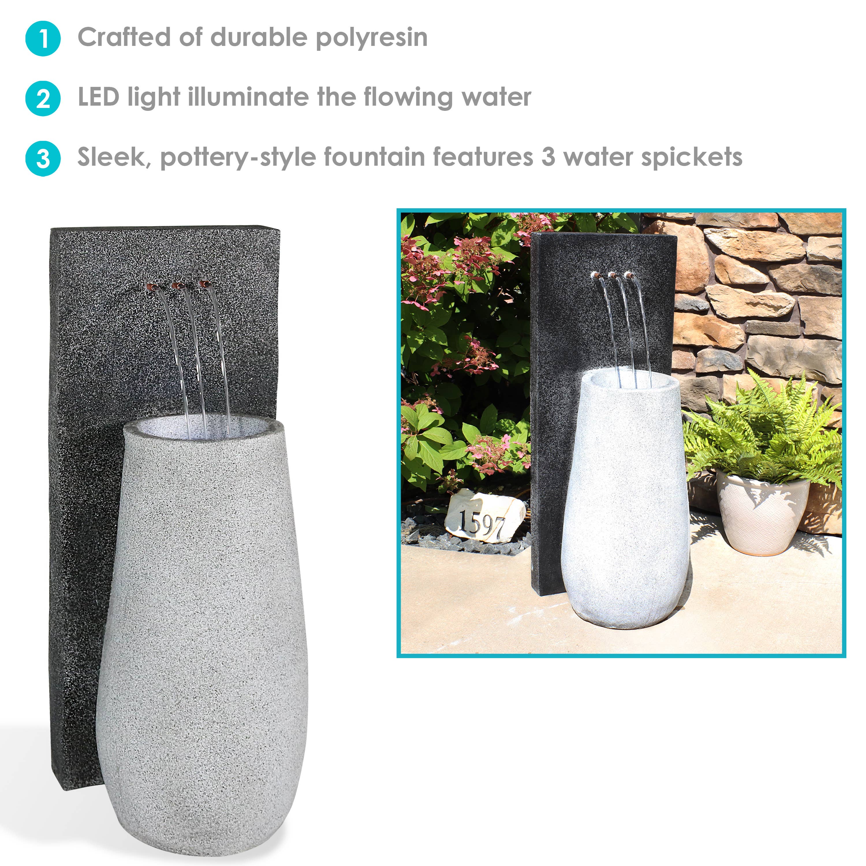 Sunnydaze Decor - Vente Bibelots/décorations d'extérieur - Fontaine à eau Monterno à trois jets avec lumières LED, 35 po2