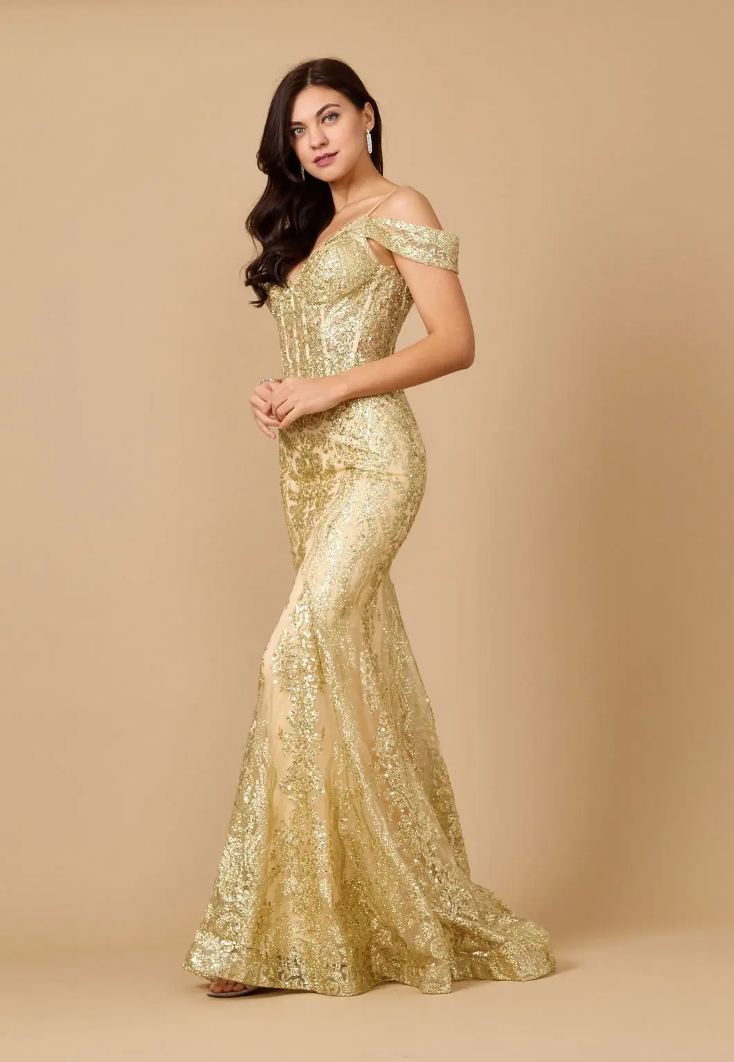 Kos Couture - Wholesale Gown - Women's - Off Shoulder Sequin Corset Formal Dress Gold13