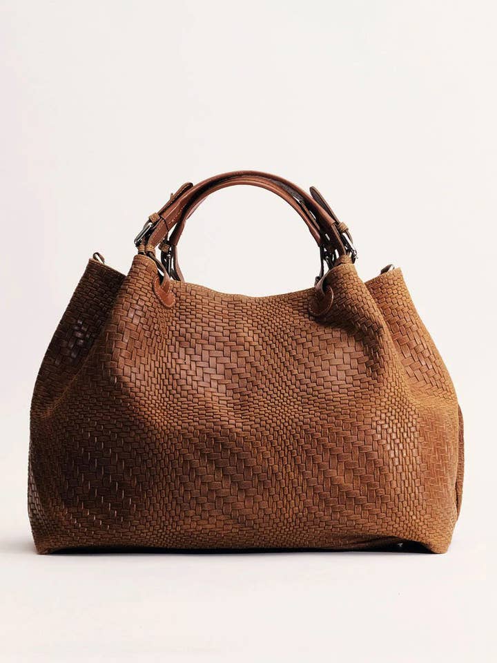 Marta maxi taske i vævet print læder Light Cuoio for engroshandel hos Modesto Bertotto