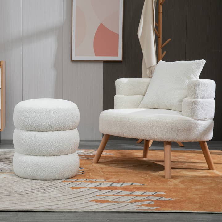 Glamour Home - Wholesale Ottoman - Azaria White Boucle Fabric Round Tufted Ottoman