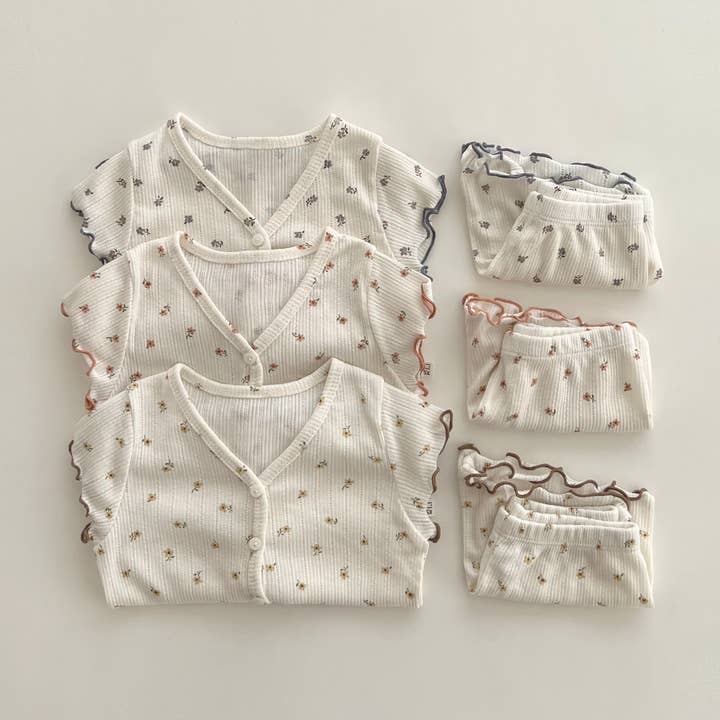 peekaboo - Wholesale Top & Short Set - Kids - Kids Ribbed Cotton Summer Floral Buttoned Top and Shorts Set1
