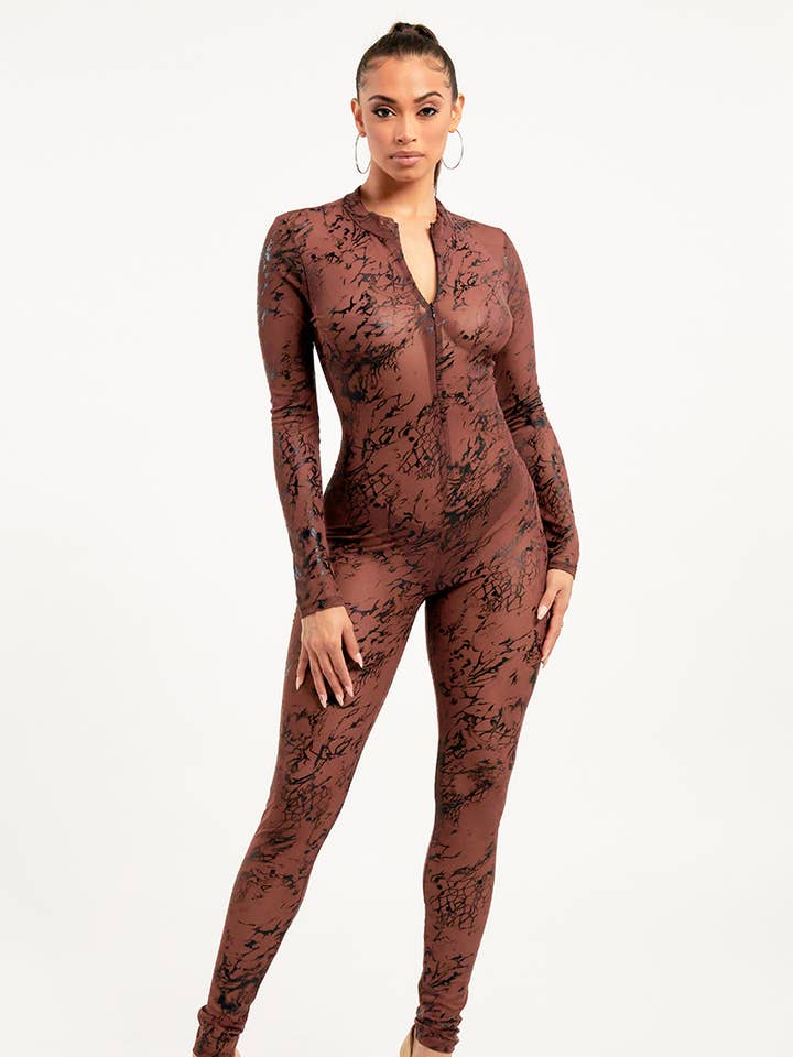 -Front Zipper Mesh Bodycon Jumpsuit DT1916P2 for wholesale by Jour