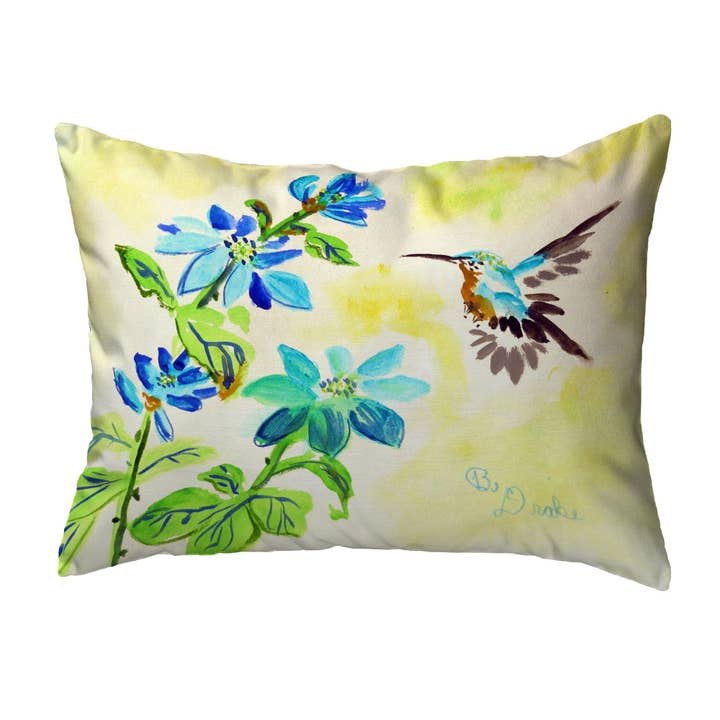 Aqua Hummingbird Noncorded Indoor/Outdoor Pillow for wholesale by Betsy Drake Interiors