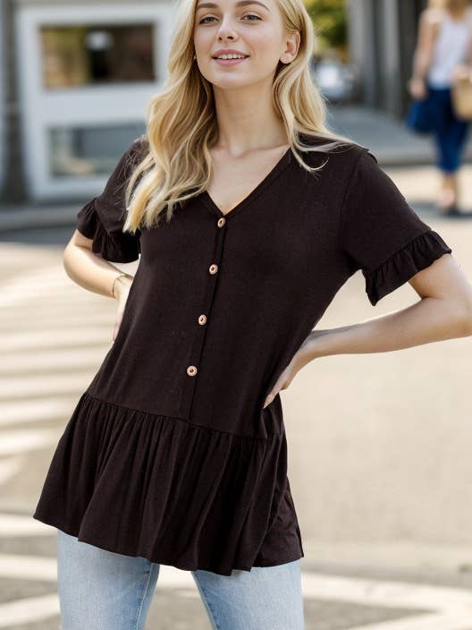 ET6221S SOLID TOP WITH RUFFLED AND FRONT BUTTON for wholesale by HEIMISH