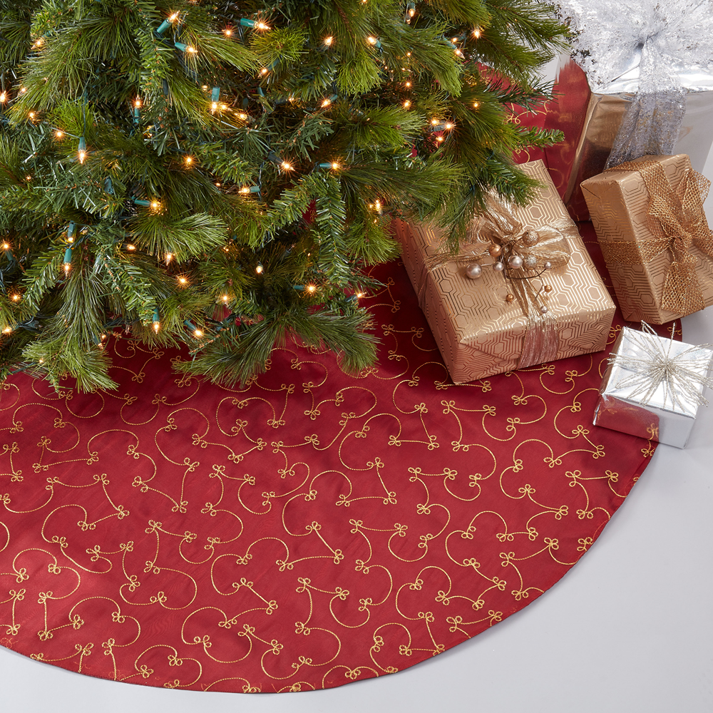 Fennco Styles - Wholesale Tree Skirt - Gold Embroidered Burgundy Christmas Tree Skirt3