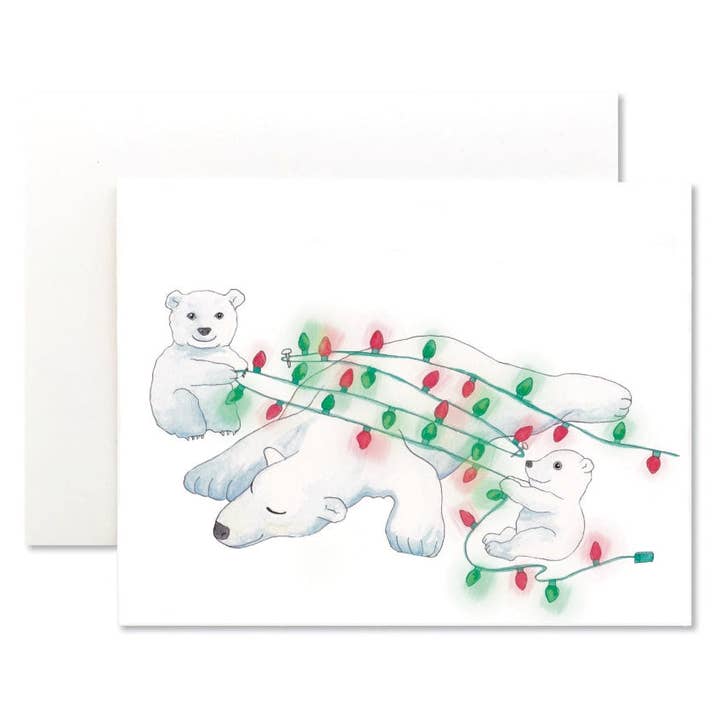 Polar Bears with Christmas Lights Holiday Card for wholesale by Mabel Paper Co.