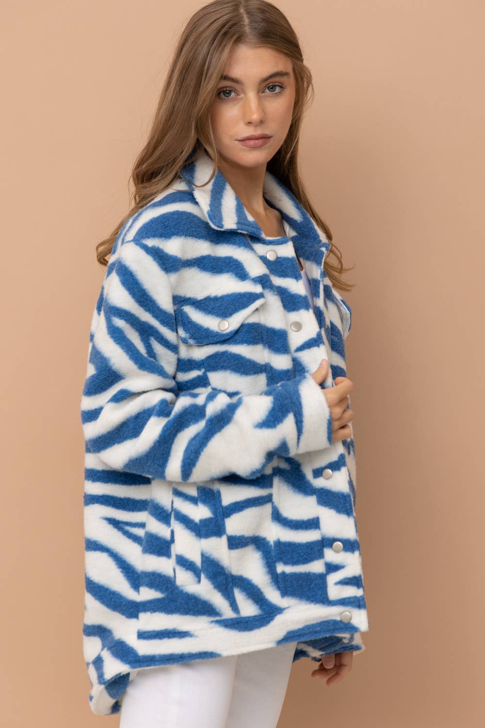 BLUE 31216J - Zebra Print Collared Over sized Jacket for wholesale on Faire2